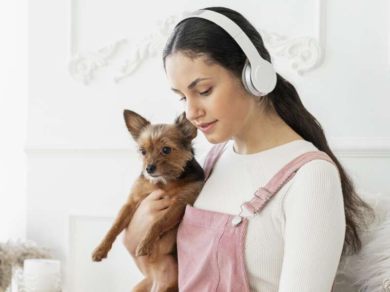 Medium shot girl holding dog